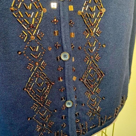 Alfred Dunner Navy Blue Cardigan Sweater Amber Beading Petite Size PM - Picture 2 of 16